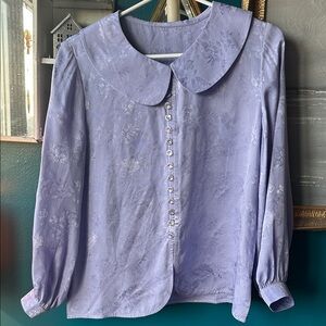 Vintage Lavender Satin Jacquard Peter Pan Collar Blouse Button Front Top